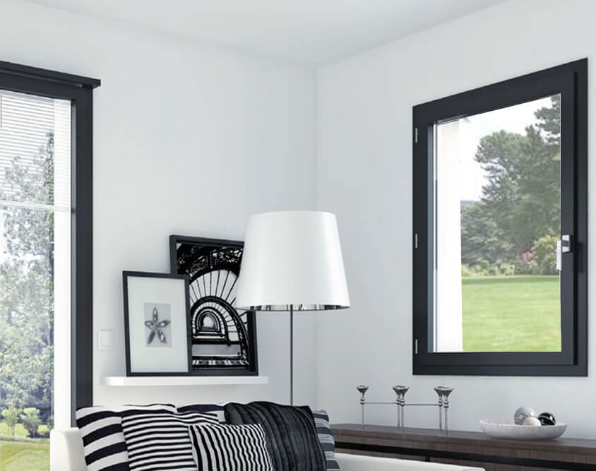  stylish interior with black windows. 